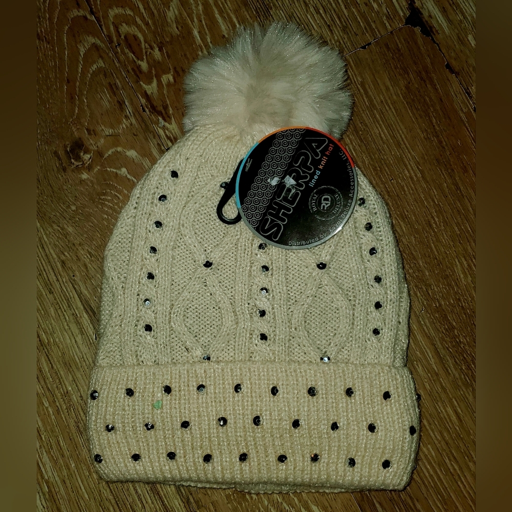 Cream Sherpa Knit Beanie with Pom Pom & Rhinestones